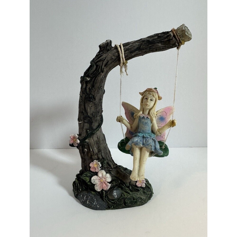 🖤Vintage Fairy Swing Figurine Tree Stump Resin Statue Whimsical Cottagecore